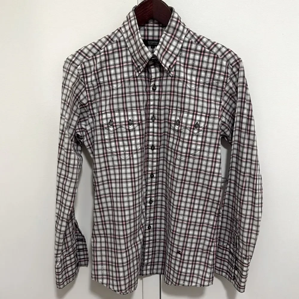 Burberry Woman’s Black Label Japan Long Sleeve Blouse Plaid w/Metallic Thread. - Picture 1 of 10